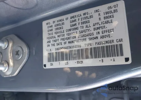 2007 Honda Accord 2.4 Lx z USA, uszkodzony, nr VIN 1HGCM56407A164069